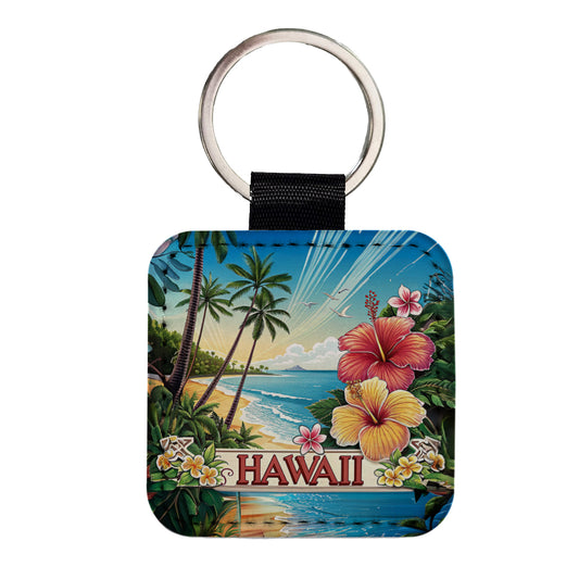 Hawaii HI Travel City State Stamp Square Faux Leather Keychain