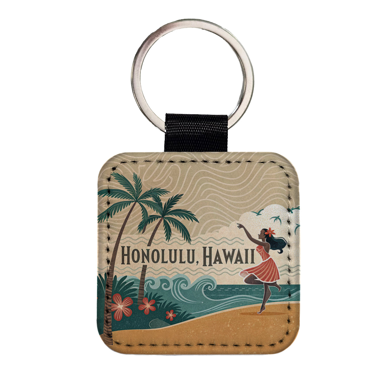 Honolulu, Hawaii HI Travel City State Stamp Square Faux Leather Keychain
