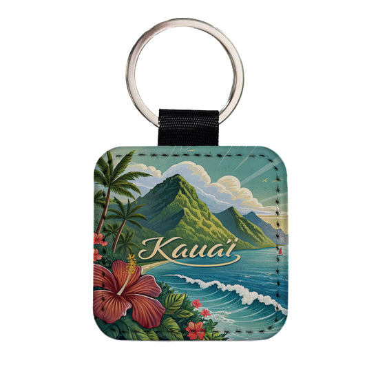 Kaua'i, Hawaii HI Travel City State Stamp Square Faux Leather Keychain
