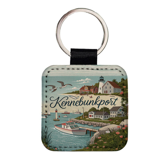 Kennebunkport, Maine ME Travel City State Stamp Square Faux Leather Keychain