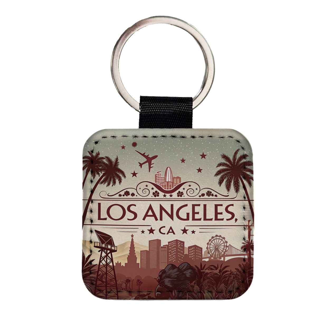 Los Angeles, California CA Travel City State Stamp Square Faux Leather Keychain