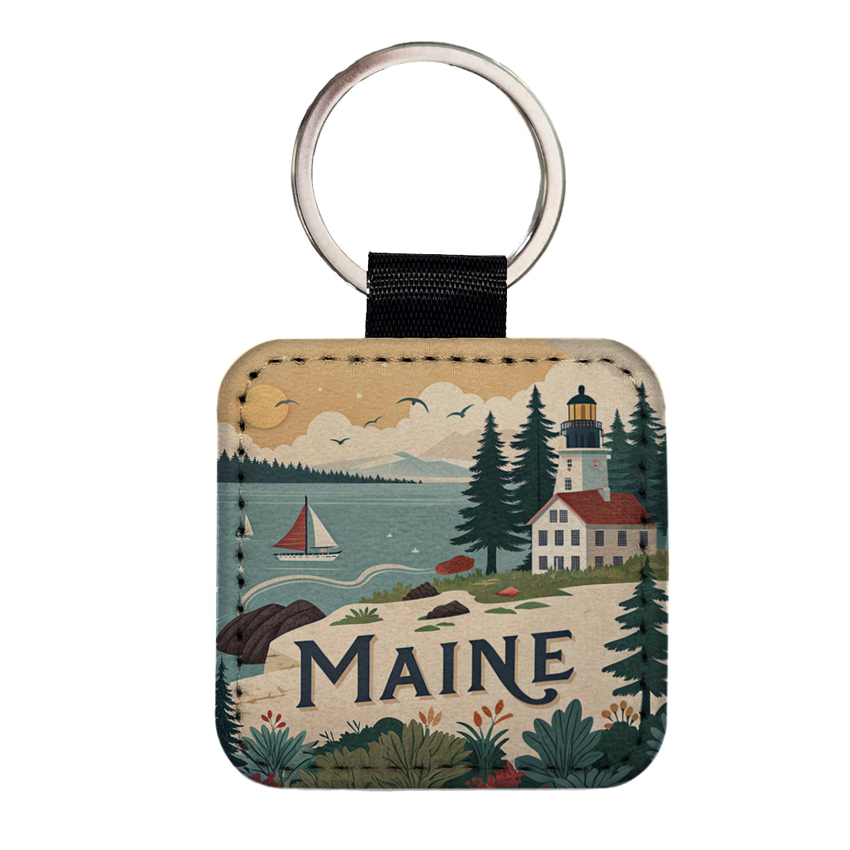 Maine ME Travel City State Stamp Square Faux Leather Keychain