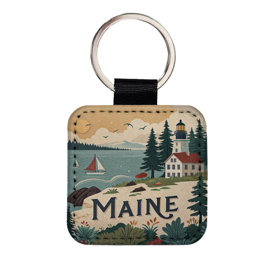 Maine ME Travel City State Stamp Square Faux Leather Keychain