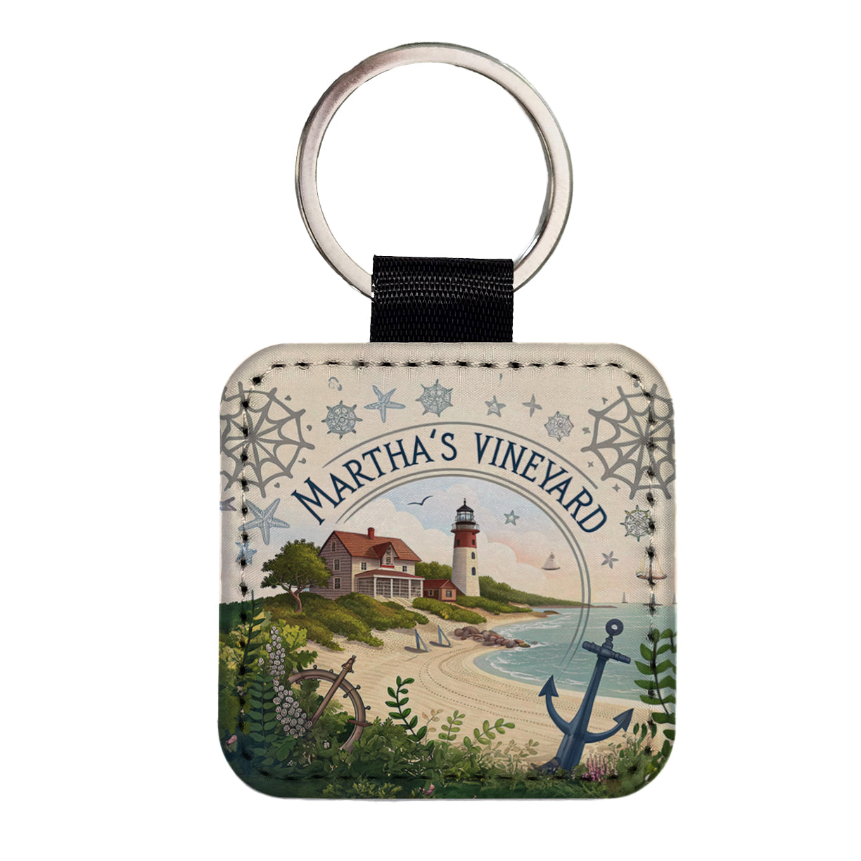 Martha's Vineyard, Massachusetts MA Travel City State Stamp Square Faux Leather Keychain
