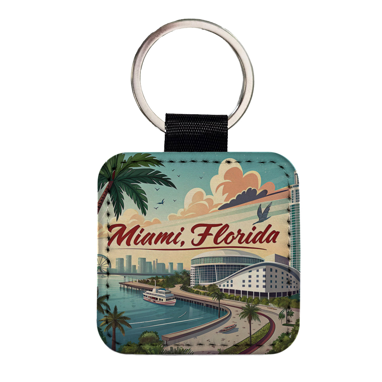 Miami, Florida FL Travel City State Stamp Square Faux Leather Keychain