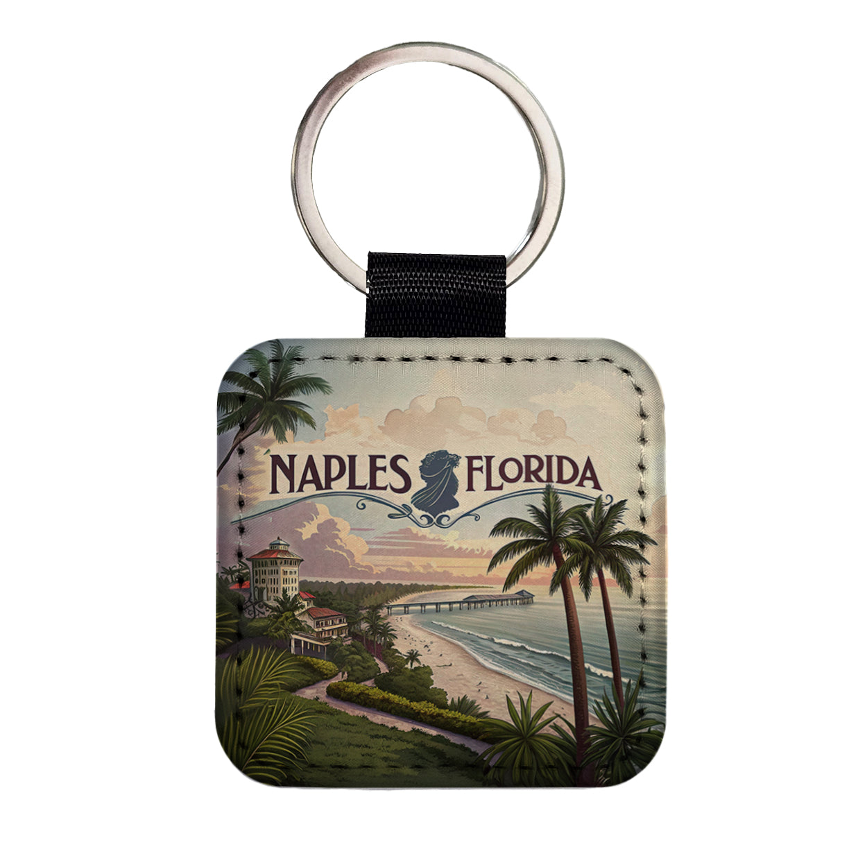 Naples, Florida FL Travel City State Stamp Square Faux Leather Keychain