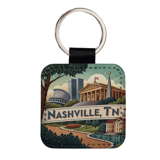 Nashville, Tennessee TN Travel City State Stamp Square Faux Leather Keychain