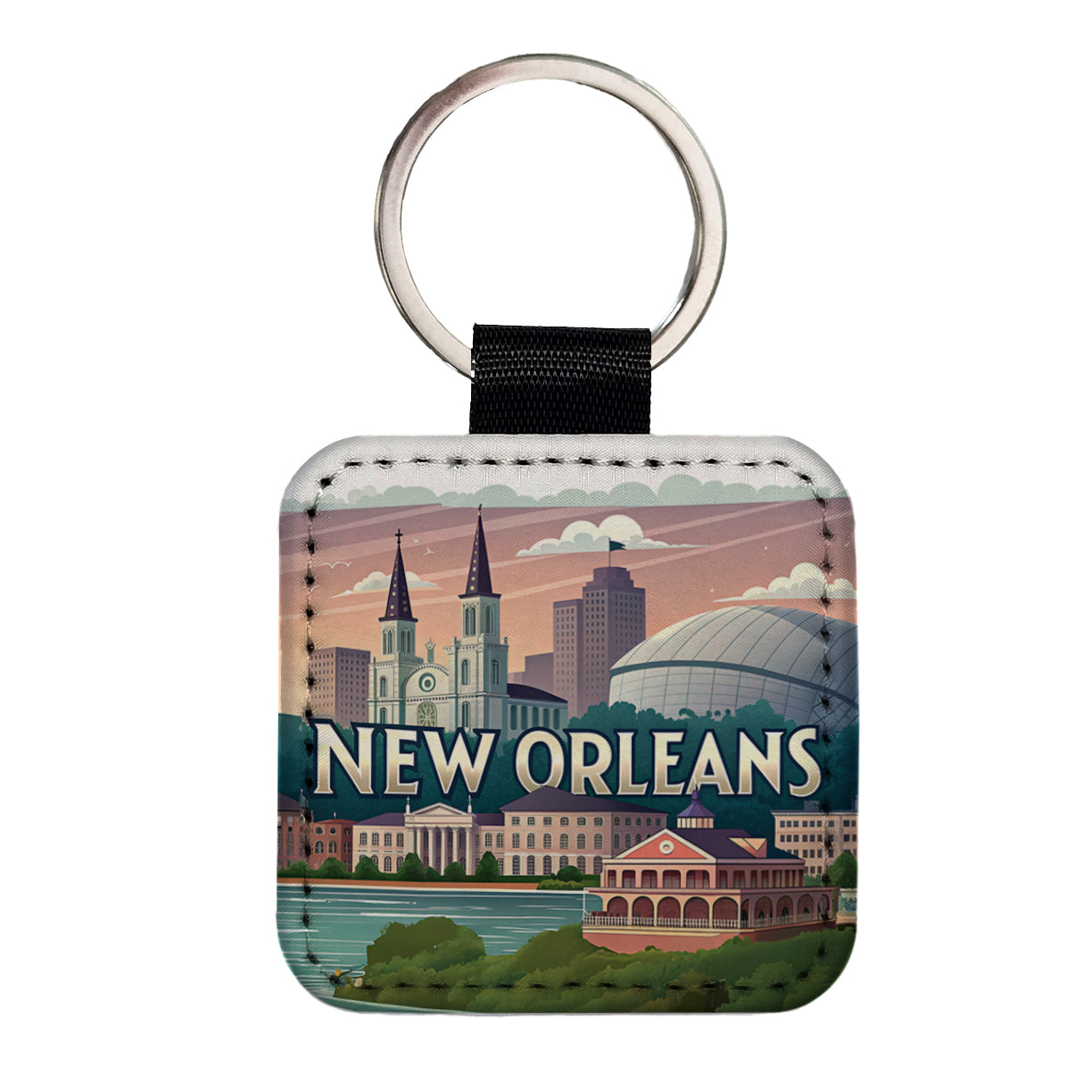 New Orleans, Louisiana LA Travel City State Stamp Square Faux Leather Keychain