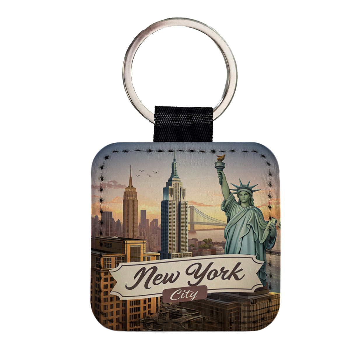 New York City NY Travel City State Stamp Square Faux Leather Keychain