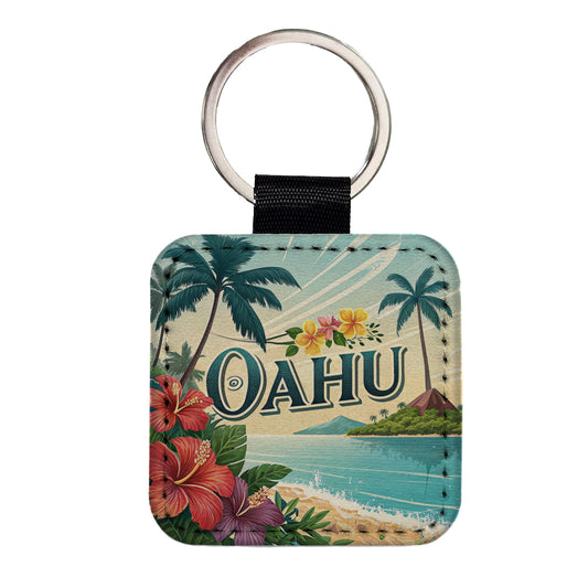 O'Ahu Hawaii HI Travel City State Stamp Square Faux Leather Keychain