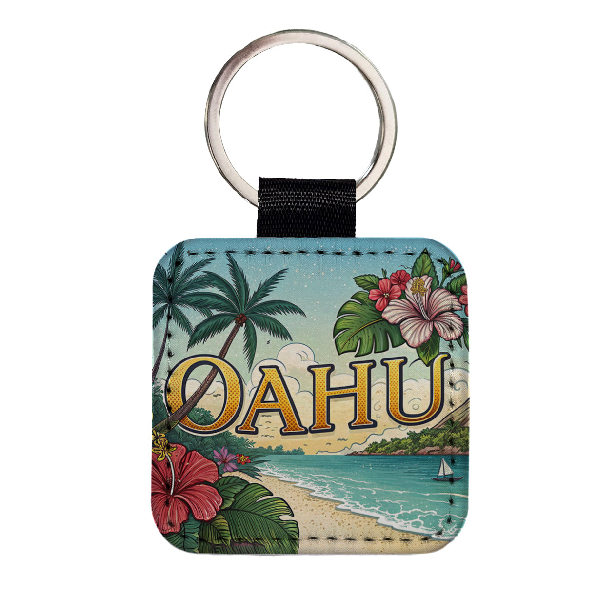 O'Ahu Hawaii HI Tropical Travel City State Stamp Square Faux Leather Keychain