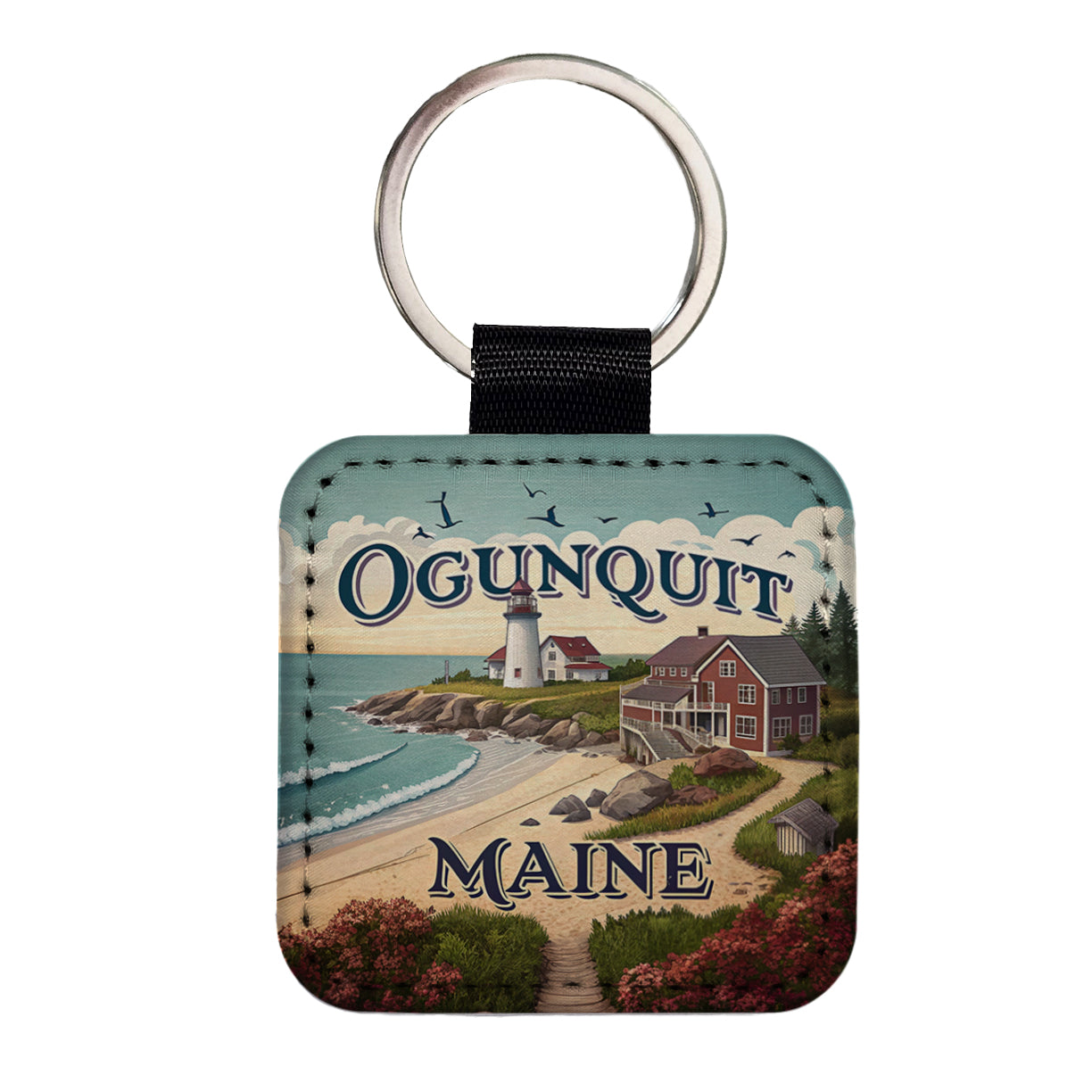 Ogunquit, Maine ME Travel City State Stamp Square Faux Leather Keychain