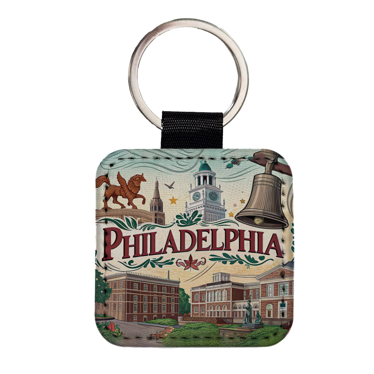Philadelphia PA Travel City State Stamp Square Faux Leather Keychain
