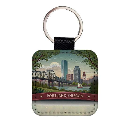 Portland, Oregon OR Travel City State Stamp Square Faux Leather Keychain