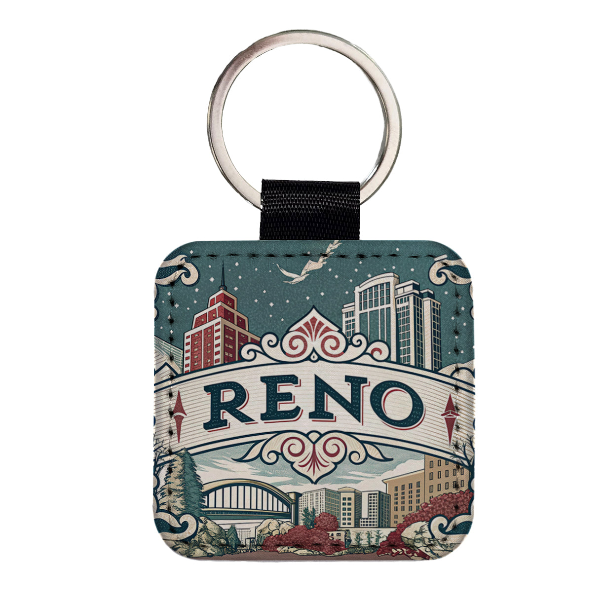 Reno, Nevada NV Travel City State Stamp Square Faux Leather Keychain