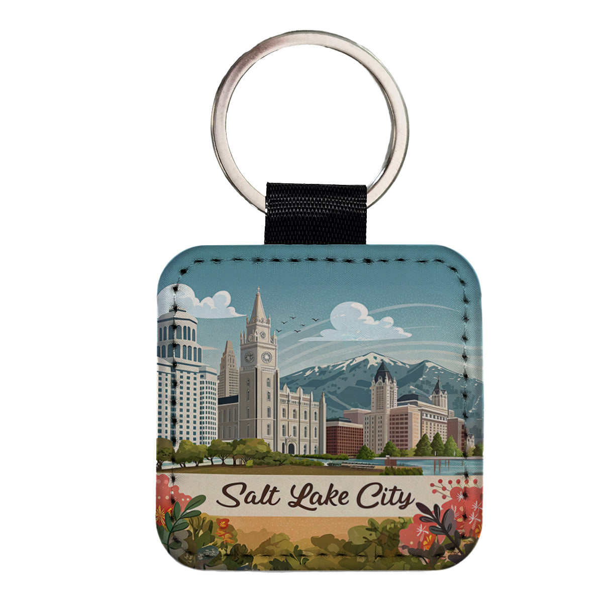 Salt Lake City, Utah UT Travel City State Stamp Square Faux Leather Keychain