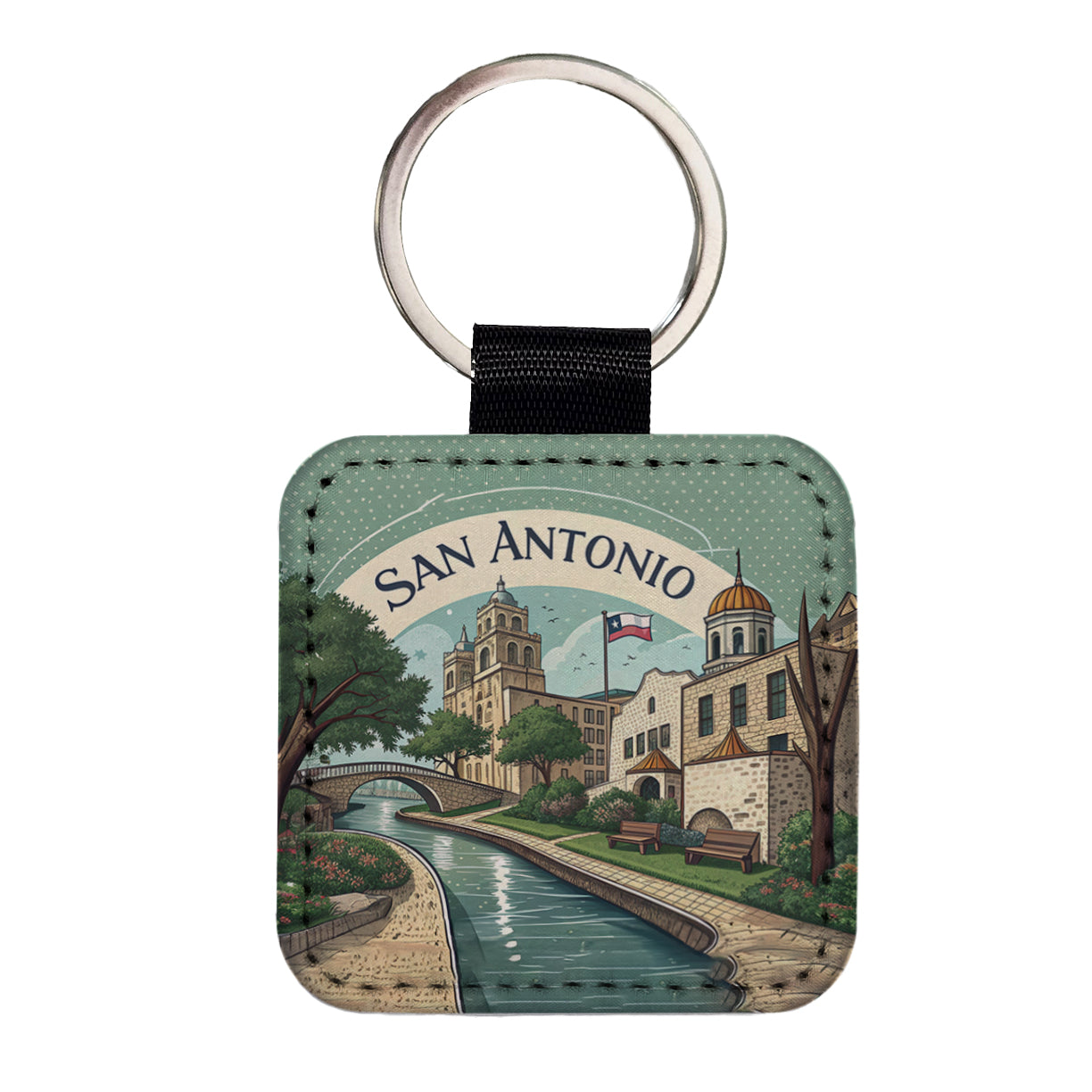 San Antonio, Texas TX Travel City State Stamp Square Faux Leather Keychain