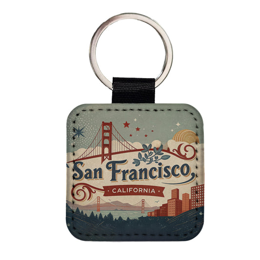 San Francisco, California CA Travel City State Stamp Square Faux Leather Keychain