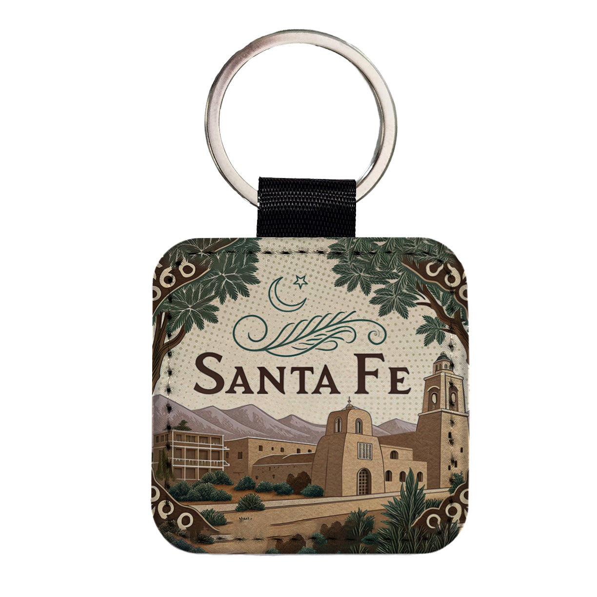 Santa Fe, New Mexico NM Travel City State Stamp Square Faux Leather Keychain