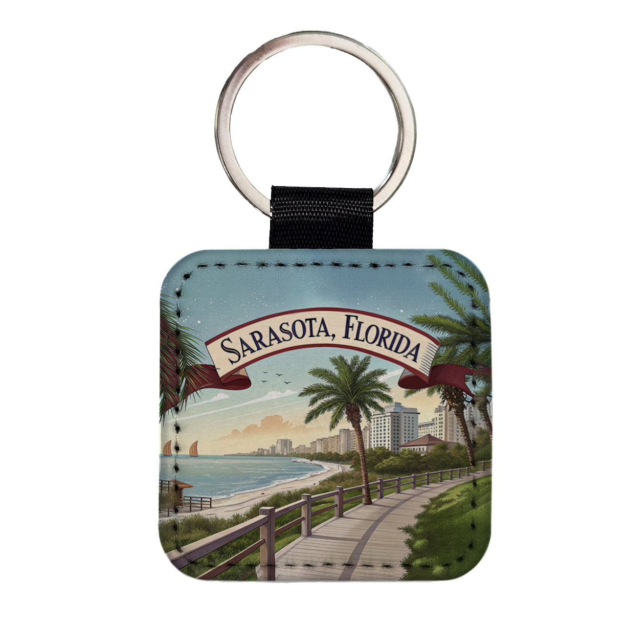 Sarasota, Florida FL Travel City State Stamp Square Faux Leather Keychain