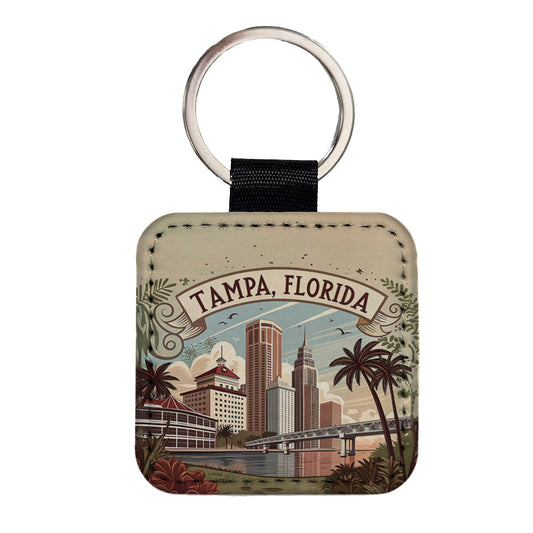 Tampa, Florida FL Travel City State Stamp Square Faux Leather Keychain