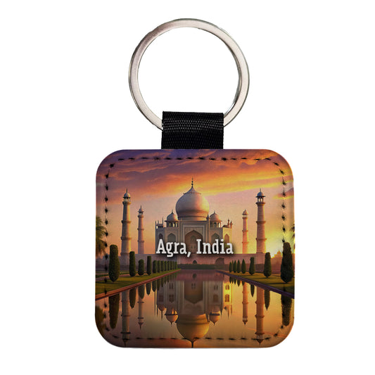 Agra, India Travel City Country Stamp Square Faux Leather Keychain