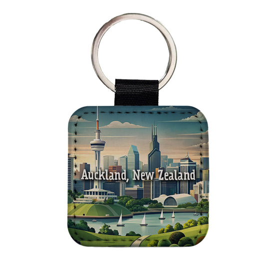 Auckland, New Zealand Travel City Country Stamp Square Faux Leather Keychain