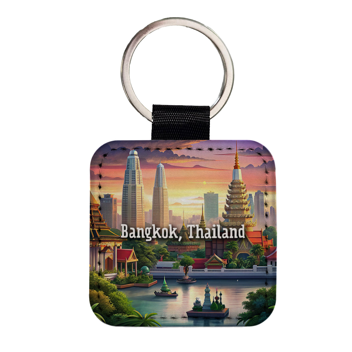 Bangkok, Thailand Travel City Country Stamp Square Faux Leather Keychain