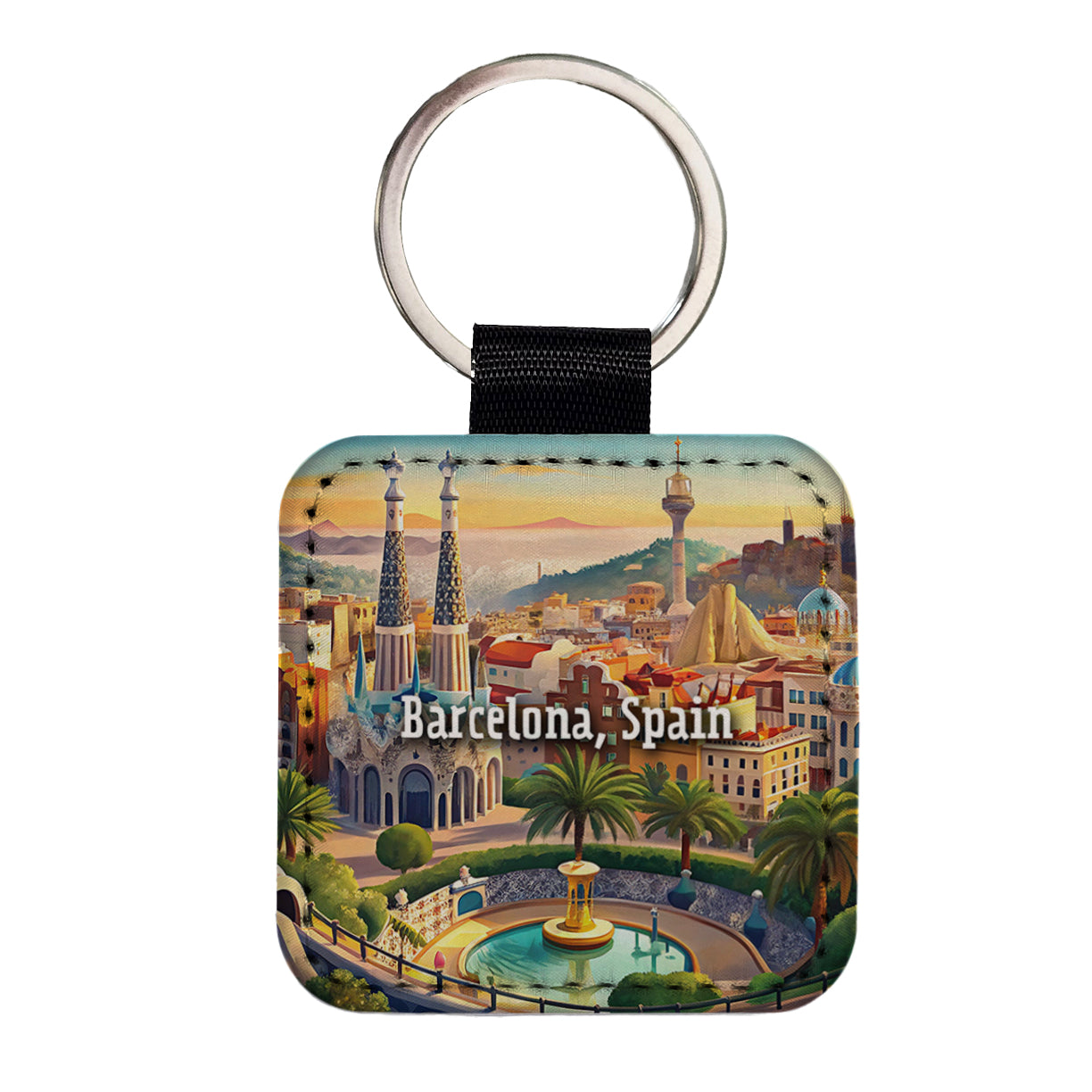 Barcelona, Spain Travel City Country Stamp Square Faux Leather Keychain