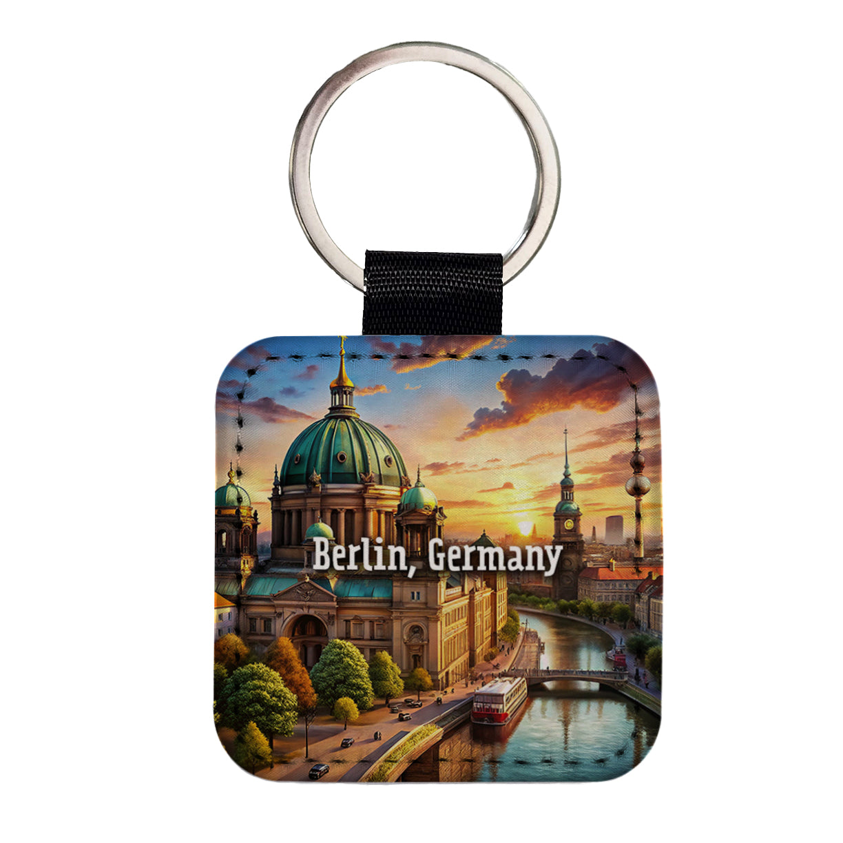 Berlin, Germany Travel City Country Stamp Square Faux Leather Keychain