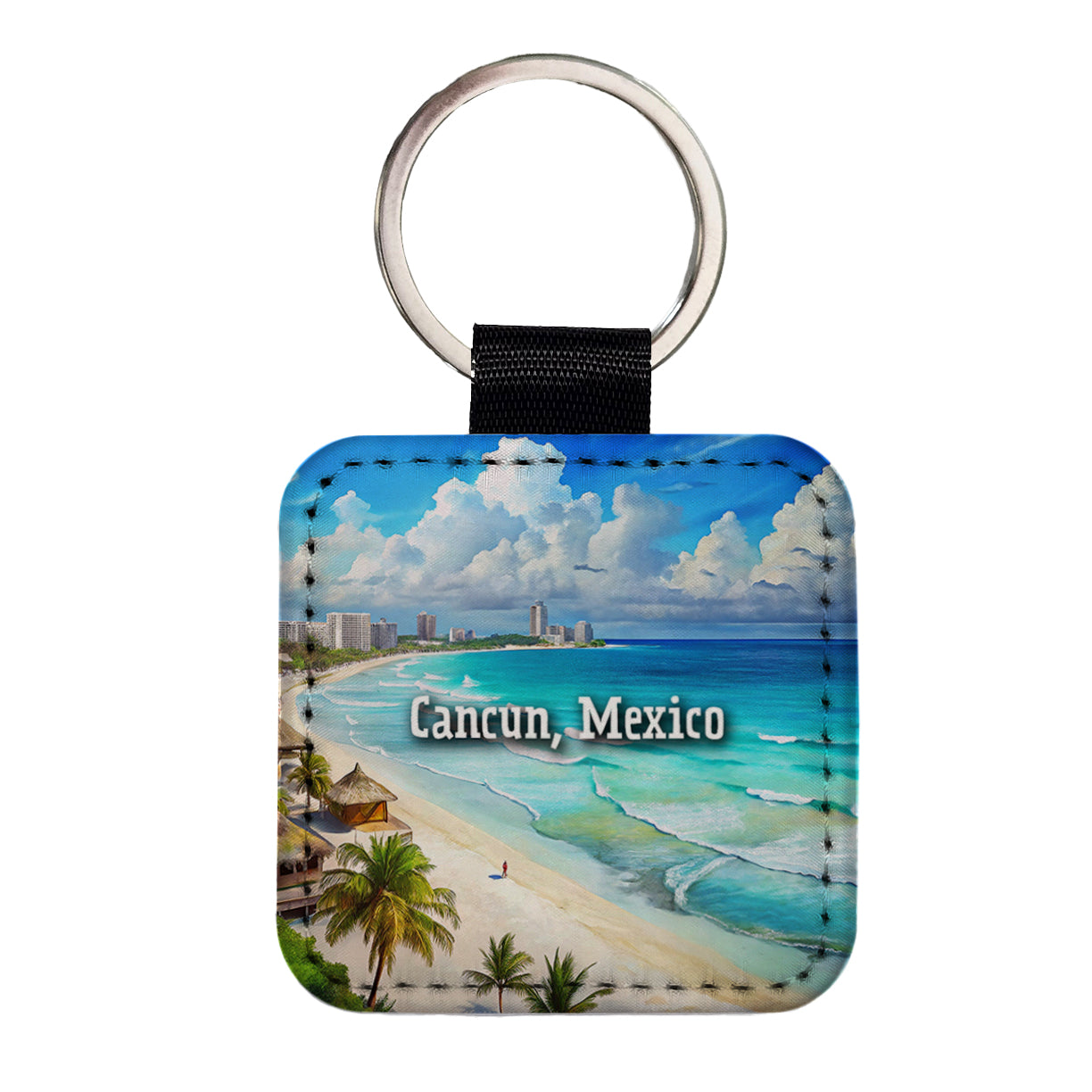 Cancun, Mexico Travel City Country Stamp Square Faux Leather Keychain