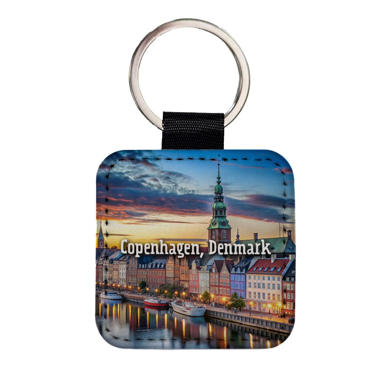 Copenhagen, Denmark Travel City Country Stamp Square Faux Leather Keychain