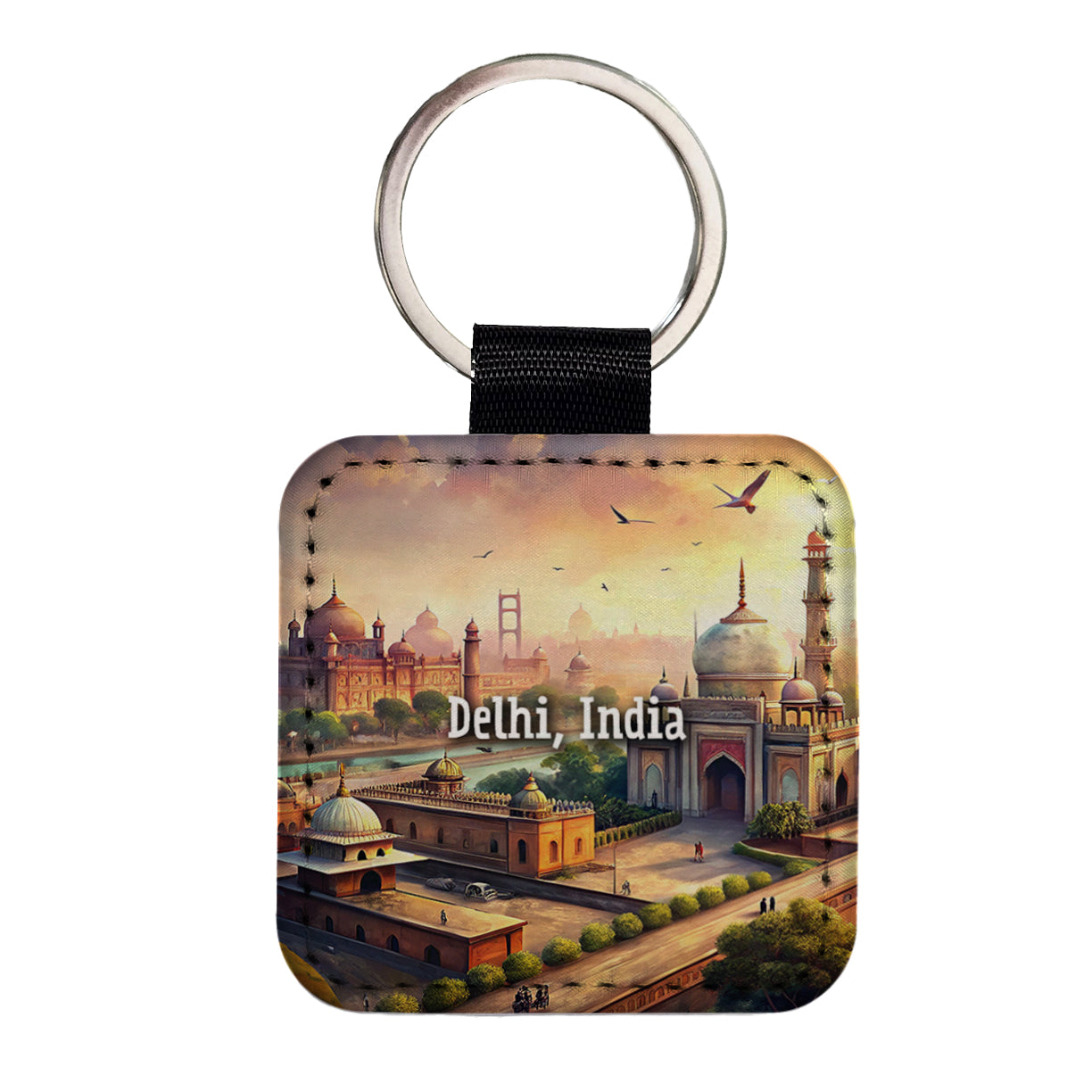 Delhi, India Travel City Country Stamp Square Faux Leather Keychain