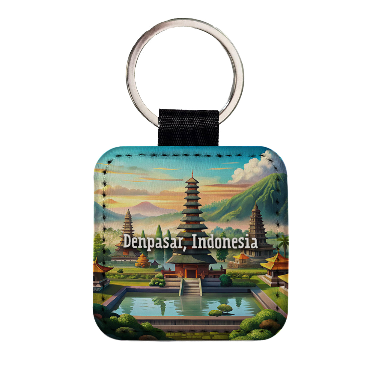 Denpasar, Indonesia Travel City Country Stamp Square Faux Leather Keychain