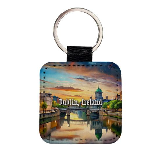Dublin, Ireland Travel City Country Stamp Square Faux Leather Keychain
