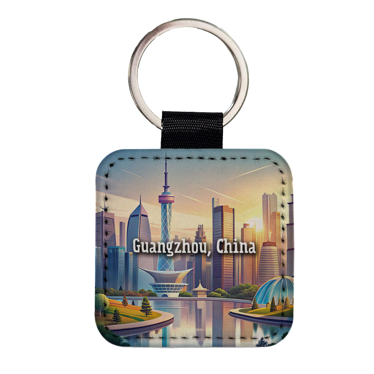 Guangzhou, China Travel City Country Stamp Square Faux Leather Keychain