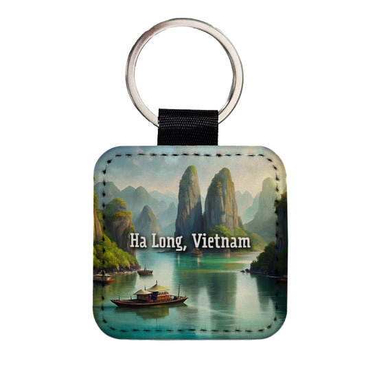 Ha Long, Vietnam Travel City Country Stamp Square Faux Leather Keychain