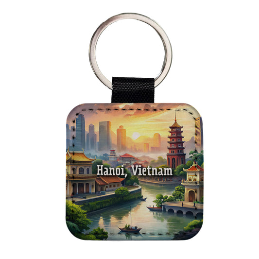 Hanoi, Vietnam Travel City Country Stamp Square Faux Leather Keychain