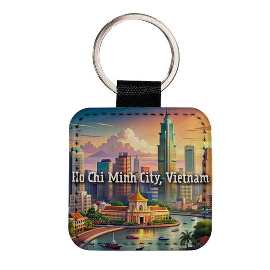 Ho Chi Minh City, Vietnam Travel City Country Stamp Square Faux Leather Keychain