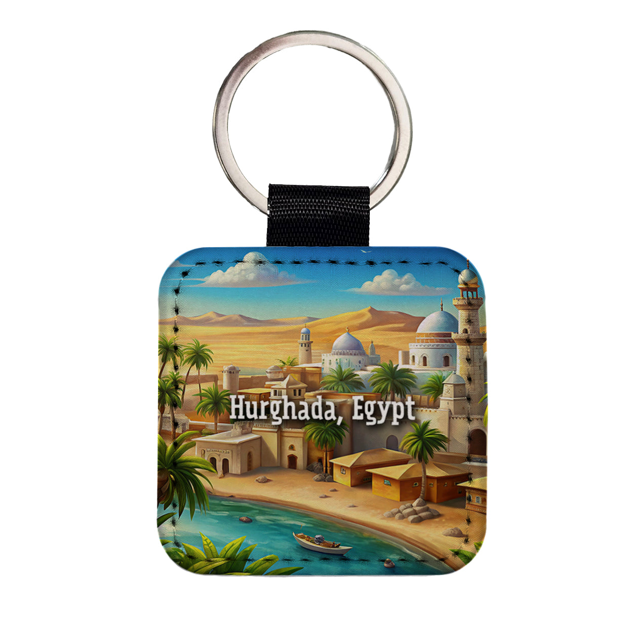 Hurghada, Egypt Travel City Country Stamp Square Faux Leather Keychain