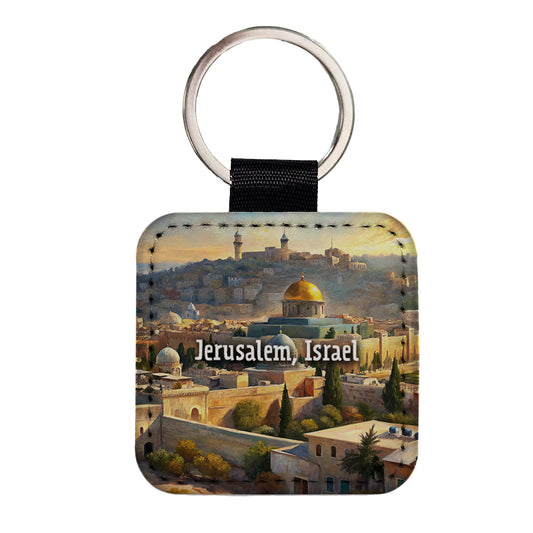 Jerusalem, Israel Travel City Country Stamp Square Faux Leather Keychain