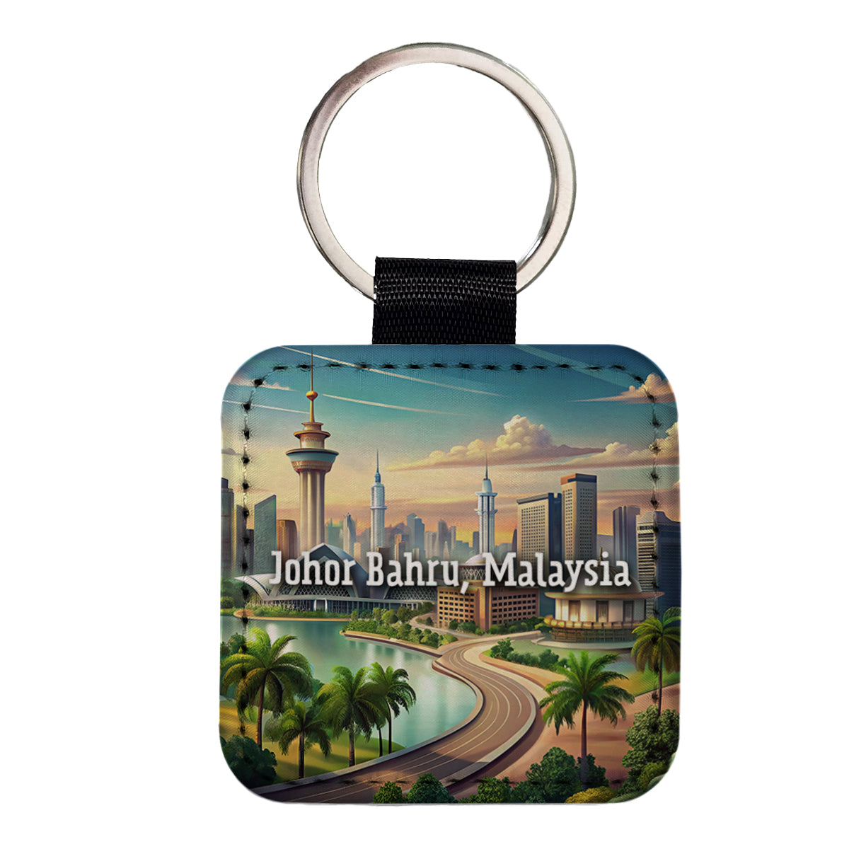 Johor Bahru, Malaysia Travel City Country Stamp Square Faux Leather Keychain