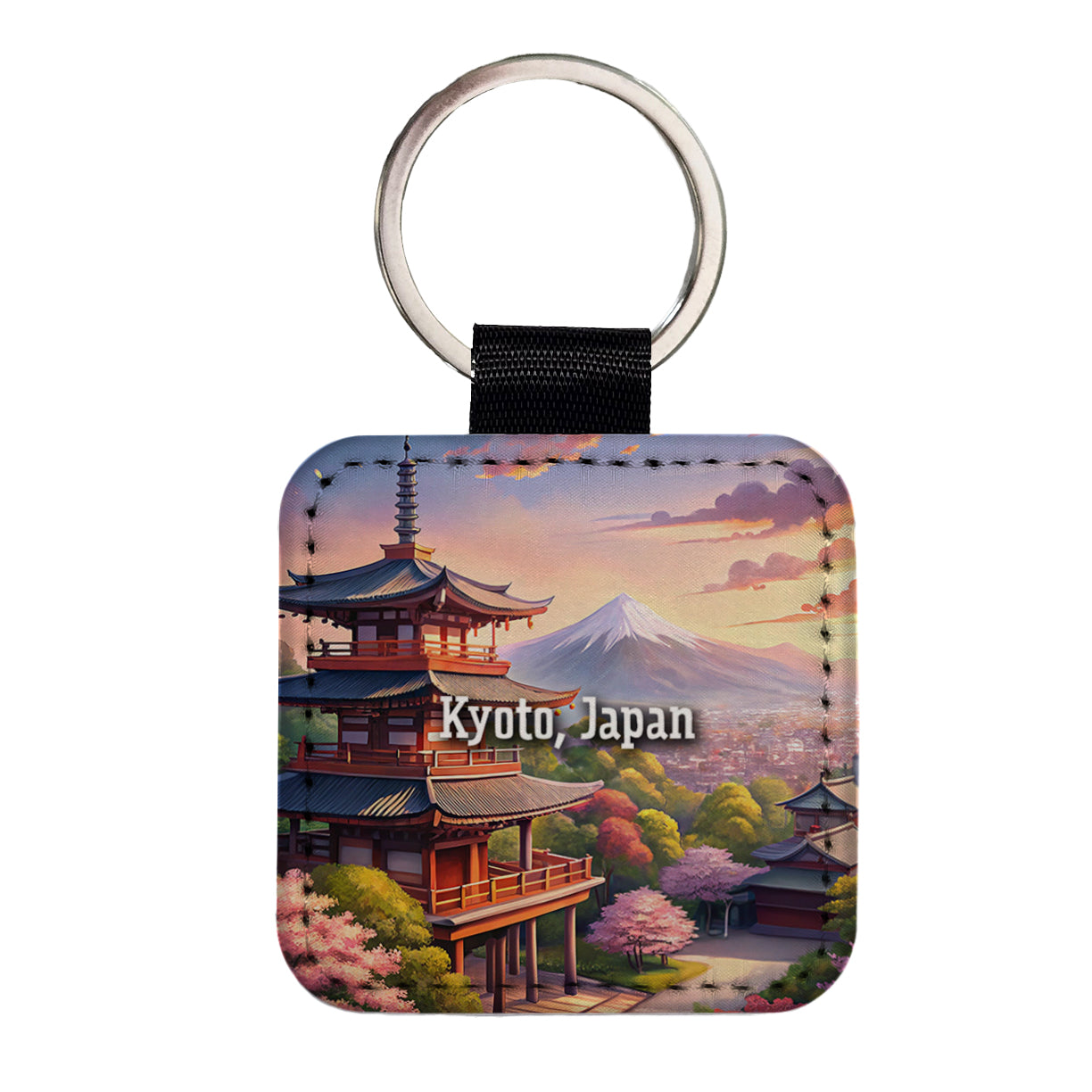 Kyoto, Japan Travel City Country Stamp Square Faux Leather Keychain