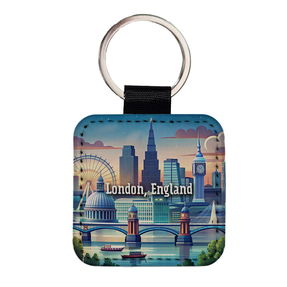 London, England Travel City Country Stamp Square Faux Leather Keychain