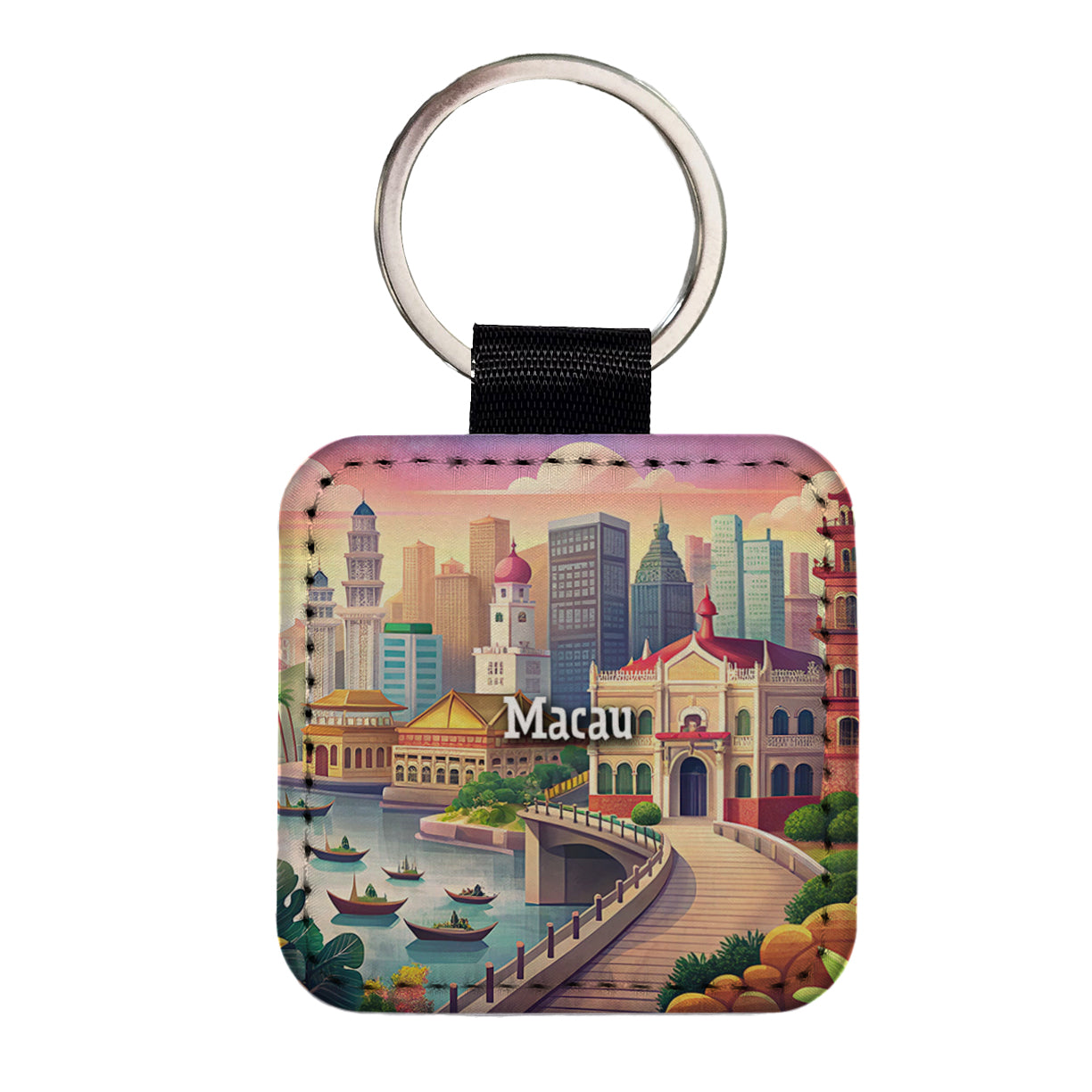 Macau Travel City Country Stamp Square Faux Leather Keychain