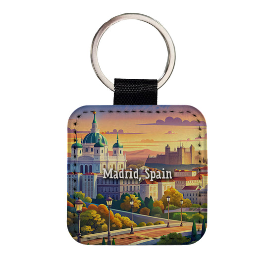 Madrid, Spain Travel City Country Stamp Square Faux Leather Keychain