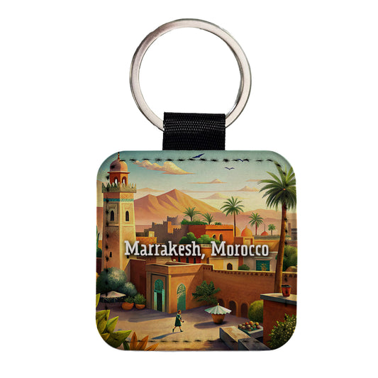 Marrakesh, Morocco Travel City Country Stamp Square Faux Leather Keychain