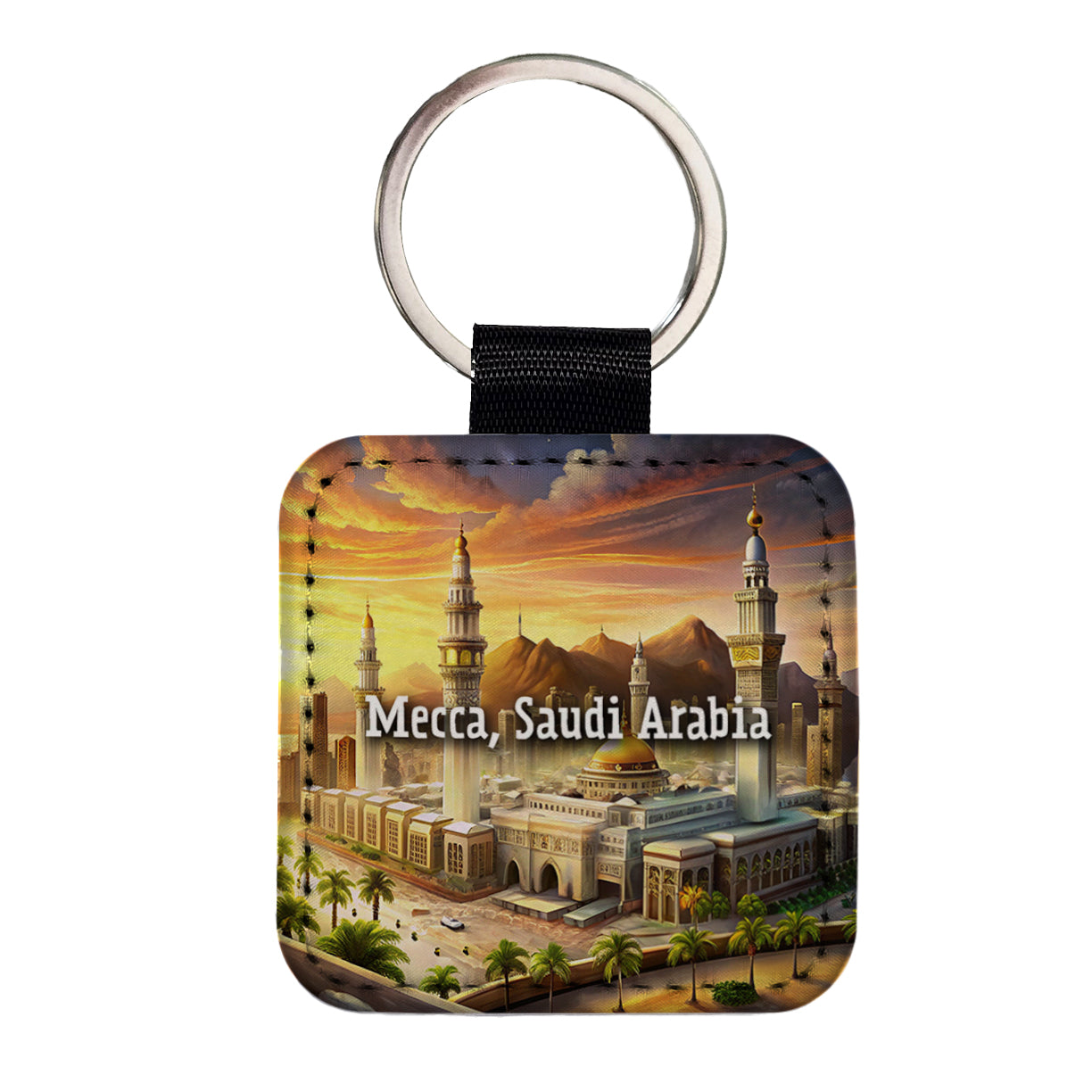 Mecca, Saudi Arabia Travel City Country Stamp Square Faux Leather Keychain