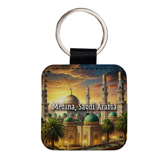 Medina, Saudi Arabia Travel City Country Stamp Square Faux Leather Keychain