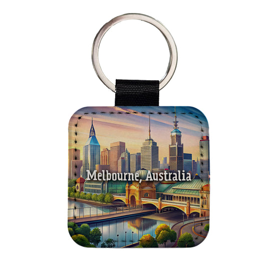 Melbourne, Australia Travel City Country Stamp Square Faux Leather Keychain